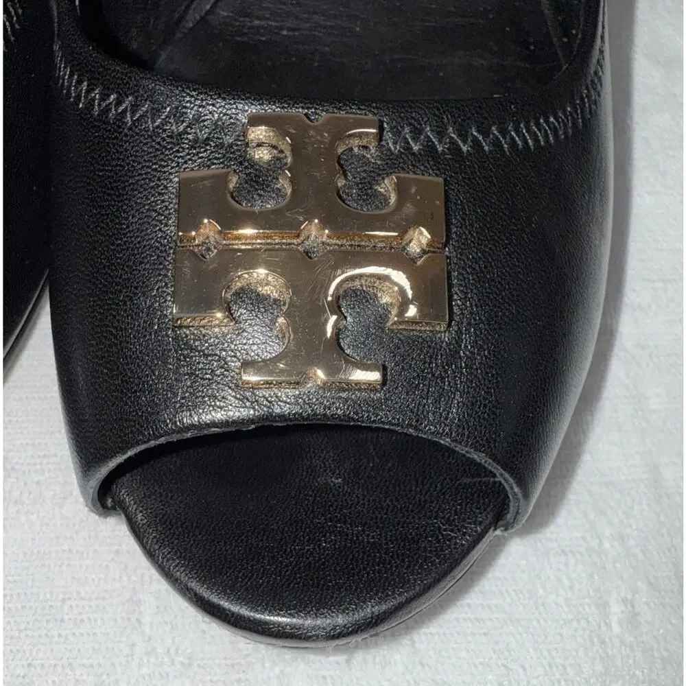 Tory Burch Jolie Peep Toe Black Leather Wedge Heel Preppy Career Formal Sz 9.5M